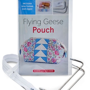 May include: A white zipper, two silver wire frames, and a white elastic band are included in this kit for making a Flying Geese Pouch. The pouch is pictured on the packaging, which is white with blue text and a floral design.
