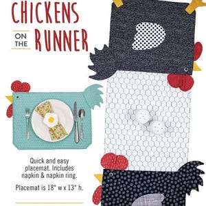 May include: A whimsical placemat and runner set with a chicken theme. The placemat is 18 inches wide and 13 inches high, and the runner is 14 inches wide and 40 inches long. The text "CHICKENS ON THE RUNNER" is displayed. Includes napkin and napkin ring.