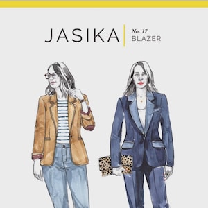 May include: Illustration of two women wearing blazers. One blazer is tan with a striped shirt, the other is navy blue. The text "JASIKA" and "No. 17 BLAZER" are at the top. The image is a fashion illustration.