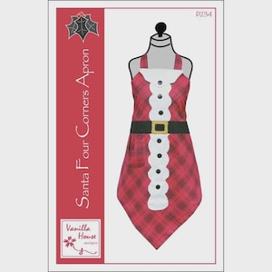 May include: A Santa Claus-themed apron with a red plaid pattern, white trim, and a black belt with a gold buckle. The apron has a bib with buttons and a pocket. The words "Santa Four Corners Apron" are printed on the side.