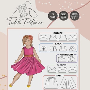 May include: Illustration of a little girl in a pink dress with a matching orange belt. The image includes a sewing pattern diagram with bodice, back, arm height, sleeves, and skirt options. The Tadah Patterns logo is at the top.