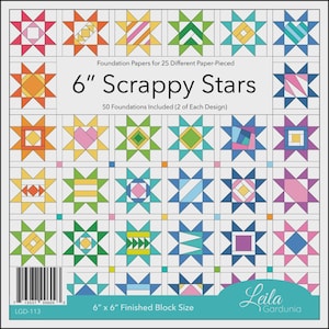 May include: A sheet of paper with a grid of colorful star quilt block designs. The text reads "6" Scrappy Stars" and "Foundation Papers for 25 Different Paper-Pieced". Each block is 6" x 6" when finished. Includes 50 foundations.