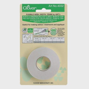 May include: A roll of Clover fusible web tape, 10mm wide by 40 feet, for making lattice, meshwork, and appliqué. The packaging includes instructions and diagrams for use with an iron and fusible bias tape makers.