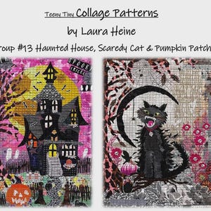 May include: Teeny Tiny Collage Patterns by Laura Heine Group #13 Haunted House, Scaredy Cat & Pumpkin Patch. Two rectangular fabric collage designs featuring a black haunted house with a yellow moon and a black cat with a crescent moon.