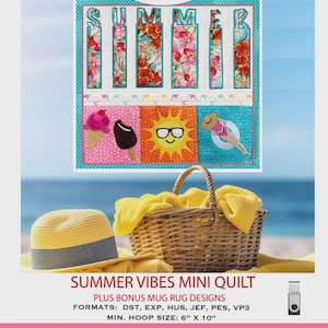 May include: A mini quilt with the word "SUMMER" in turquoise letters with floral patterns. Below are embroidered images of an ice cream cone, popsicle, sun with glasses, and a person floating on a tube. A straw hat, basket, and yellow towel are in the foreground.