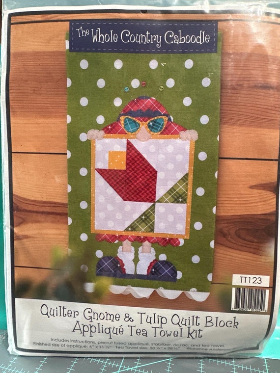 The Whole Country Caboodle Quilter Gnome & Tulip Quilt Block Applique Tea Towel Kit