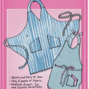 May include: A sewing pattern for a reversible apron titled Hipster Apron Pattern, Another Reversible Apron with Personality. The illustration shows two apron designs with blue striped and textured fabric, pockets, and ties. Text includes Quick and Easy to Sew, Only 2 yards of fabric, Neckline, Pocket, Tie and Closure Variations, Unisex Styling, and www.marymulari.com.