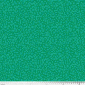 May include: A green fabric with a white repeating pattern of small starbursts. The fabric has a ruler with inches marked on it and the text "WHIM 4405 G" at the bottom.