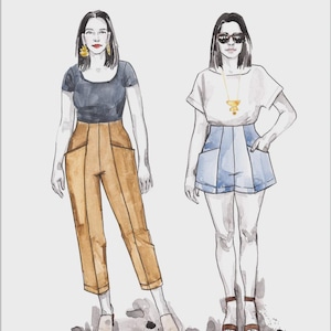May include: Watercolor illustration of two figures modeling pants and shorts. The text "PIETRA" is at the top, with "Rome Collection No. 19 PANTS & SHORTS" below it. The brand "Closet Core PATTERNS" is at the bottom.