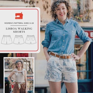 May include: A woman wearing a denim shirt and patterned shorts. The shorts are white with a blue toile print and a brown belt. The image includes a graphic with the text "WOMEN'S PATTERN, SIZES 0-20" and "LISBOA WALKING SHORTS".