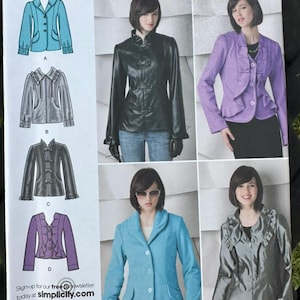 May include: Simplicity sewing pattern 2313, size H5 6, 8, 10, 12, 14. The envelope displays illustrations and photographs of various jacket styles, including options with ruffles, collars, and button closures in blue, black, purple, and gray.