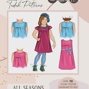 May include: Illustration of a girl wearing a magenta dress, with examples of other dress styles. The image includes the text "All Seasons Dress" and "Over 70 clear, colour diagrams to help you construct the pattern."