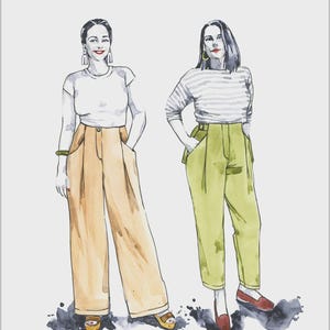 May include: A sewing pattern cover titled Mitchell No. 34 Trousers by Closet Core Patterns. The illustration features two figures wearing high-waisted trousers, one in tan wide-leg pants and the other in lime green tapered pants with side buckles.