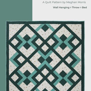 May include: A quilt pattern titled "Oasis Tiles" by Meghan Morris. The quilt features a geometric design with teal and dark green intersecting lines on a cream background. The quilt is suitable for wall hanging, throw, or bed use.