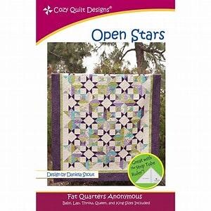May include: A quilt pattern titled "Open Stars" designed by Danisa Stout. The pattern is for a quilt using fat quarters and includes instructions for baby, lap, throw, queen, and king sizes. The pattern is great for use with a strip tube ruler.