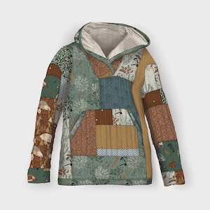 May include: A patchwork hoodie with a hood and a kangaroo pocket. The hoodie features a variety of fabric patterns, including floral, geometric, and woodland scenes in shades of green, brown, and tan. The interior of the hood is a light beige herringbone pattern.