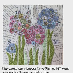 May include: A colorful embroidery art piece featuring a bouquet of pink, yellow, and blue flowers with green stems. The background is a vintage-looking piece of paper with text. The title "Whatevers! #21 Allium" is at the top of the image. The artist's name and contact information are at the bottom of the image.