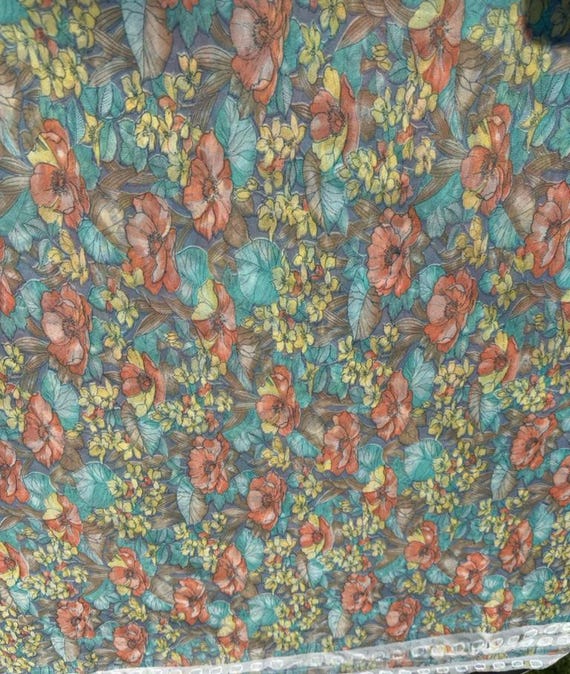 Poppy flowers Yellow and Coral on a Blue/Gray background -  Vintage 1908s - Polyester Georgette Fabric