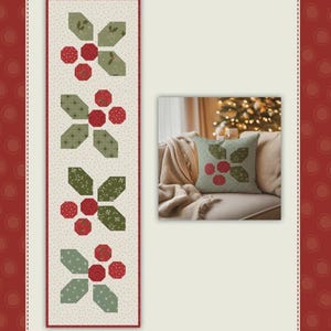 May include: A festive Christmas-themed table runner and pillow featuring a holly berry design. The runner is rectangular with a cream background and red border, showcasing repeating patterns of green leaves and red berries. The pillow has a similar design.