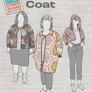 May include: A sewing pattern titled the Elemental Coat by Crinkle Dreams, featuring illustrations of three different coat styles. The text includes the Elemental Coat, Crinkle Dreams patterns by Teresa Coates, and a description of the pattern.
