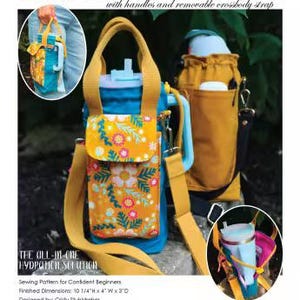 May include: Brooke Bottle Holder with handles and removable crossbody strap. A blue bottle carrier features a yellow floral pocket, yellow webbing straps, and a matching mustard yellow carrier. Finished dimensions are 10 1/4 inches H x 4 inches W x 3 inches D.