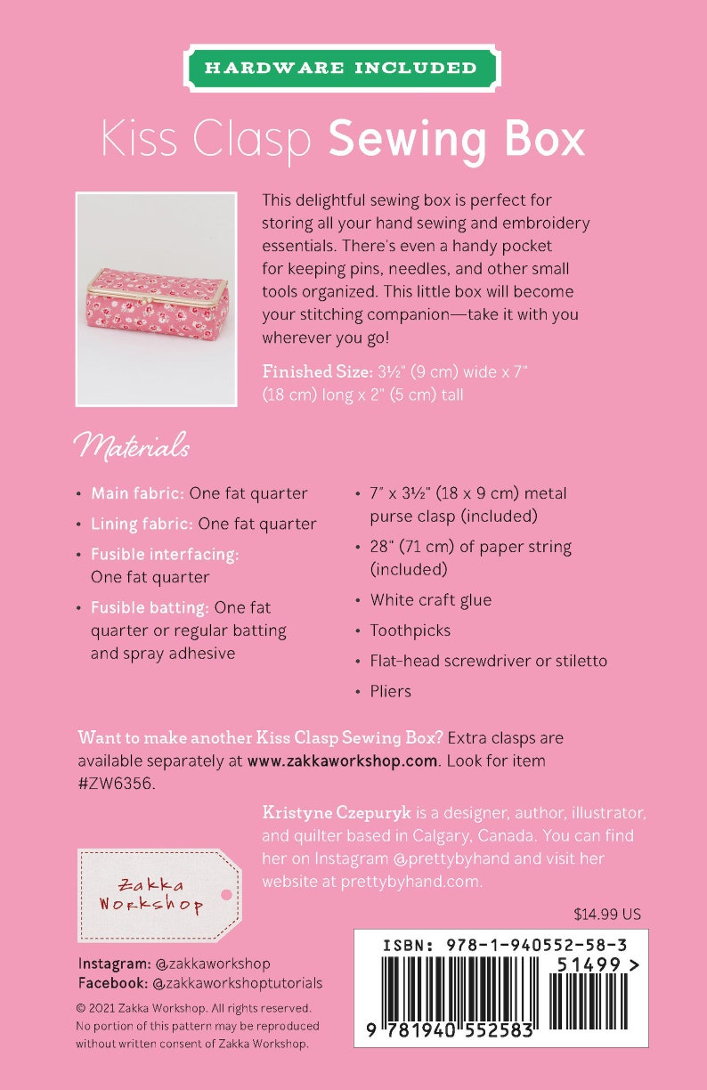 Kiss Clasp Sewing Box Pattern Kit by Zakka Includes Hardware