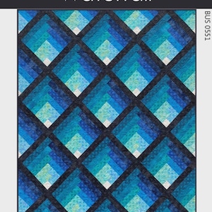 May include: A quilt with a repeating diamond pattern in shades of blue and teal, resembling a waterfall. The design features a dark gray grid and the word "Waterfall" at the top.