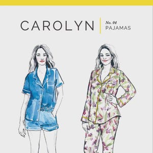 May include: Illustration of two pajama sets. One is a short-sleeved, blue pajama set with white trim. The other is a long-sleeved pajama set with a floral pattern in shades of pink, green, and yellow. The text "CAROLYN" and "No. 04 PAJAMAS" are at the top.