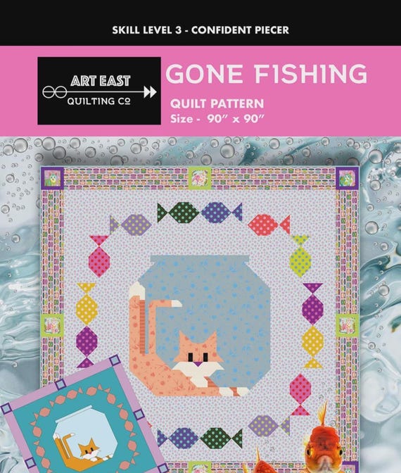 Cat and Fish Quilt Pattern: Gone Fishing Design, 90x90 (Printed Paper Pattern)