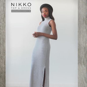 May include: A sleeveless, light gray maxi dress with a high neckline and a side slit. The dress is shown on a person. The image also includes the text "NIKKO TOP & DRESS" and "sewing pattern | sizes 0-18".