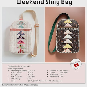 May include: Two quilted weekend sling bags with a vertical row of triangle patches. The left bag is cream with floral prints and a beige strap. The right bag is dark brown with floral prints and a green strap. Text includes Weekend Sling Bag.