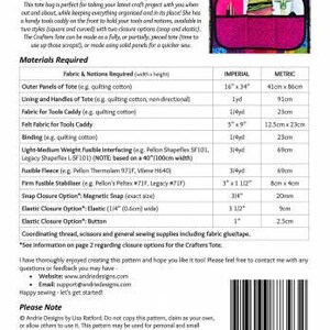 May include: A sewing pattern for a Crafters Tote, a bag with a tools caddy, snap closure, and elastic closure options. The pattern includes instructions for making the tote with quilting cotton, fusible interfacing, fleece, and stabilizer. The pattern is available in imperial measurements.