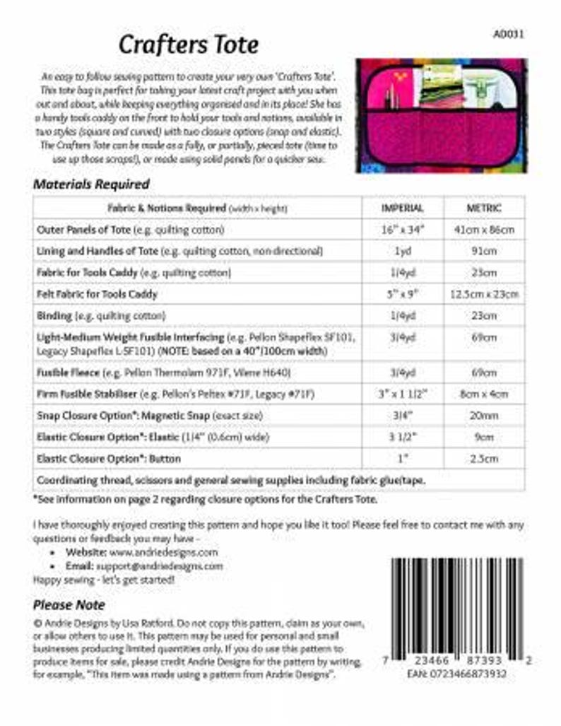 May include: A sewing pattern for a Crafters Tote, a bag with a tools caddy, snap closure, and elastic closure options. The pattern includes instructions for making the tote with quilting cotton, fusible interfacing, fleece, and stabilizer. The pattern is available in imperial measurements.