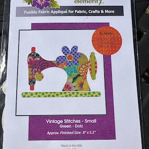 May include: A colorful sewing machine applique with a green background. The applique is 8 inches by 5.5 inches and is made in the USA. The product is called "Vintage Stitches - Small Green - Dotz" and is distributed by Urban Elementz and Quilting Creations.