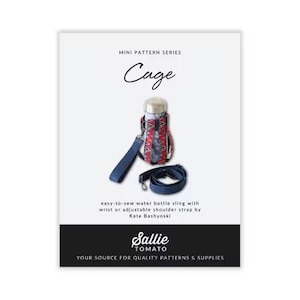 May include: A product image featuring a water bottle sling pattern. The pattern is called "Cage" and includes instructions for a wrist or adjustable shoulder strap. The sling is red, white, and blue. The brand is Sallie Tomato.