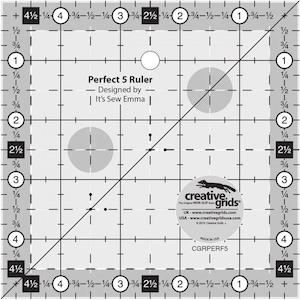 May include: A clear quilting ruler with black grid lines and measurements in inches. The ruler is labeled "Perfect 5 Ruler" and designed by "It's Sew Emma." It features a non-slip design and is made in the USA.