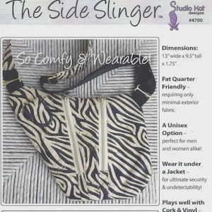 May include: The Side Slinger bag with a zebra print design. The bag is 13 inches wide, 9.5 inches tall, and 1.75 inches thick. The text "So Comfy & Wearable" is displayed on the bag. The bag has two zippers and a black strap.