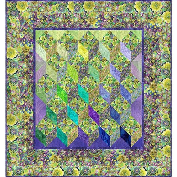 Whimsical Tumbling Blocks Quilt Kit: Flower Garden Design, 73x78