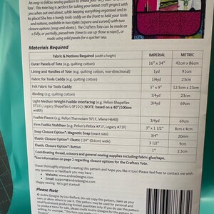 May include: A sewing pattern for a Crafters Tote, a bag with a tools caddy. The pattern includes instructions for making a square or curved tote with snap or elastic closure options. The pattern is available in imperial measurements.