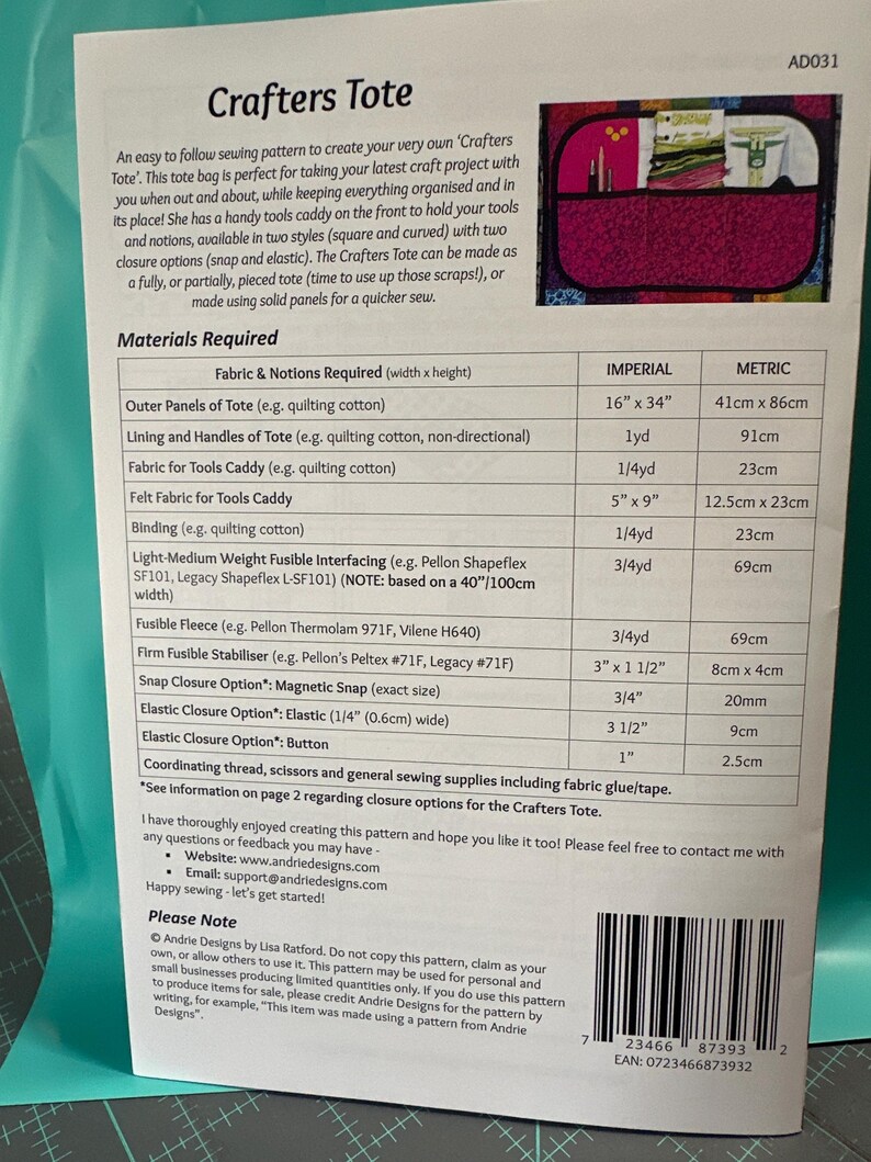 May include: A sewing pattern for a Crafters Tote, a bag with a tools caddy. The pattern includes instructions for making a square or curved tote with snap or elastic closure options. The pattern is available in imperial measurements.