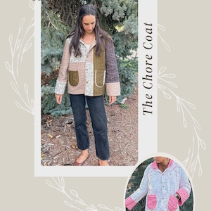 May include: A quilted chore coat featuring a patchwork design with olive green, floral, and tan panels, two front pockets, and button closures. A second view shows a white quilted coat with pink gingham pockets and cuffs, also with button closures.