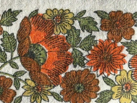 Folk Art Flowers, Strips- Vintage 1970s - Cotton Fabric- By the Half Yard