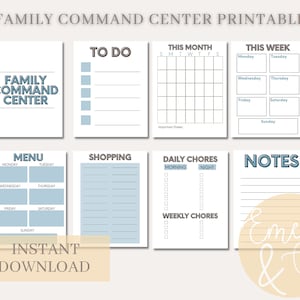 Family Command Center Printable - Weekly Menu - Shopping List - Calendar - Household Chores - Printable Planner