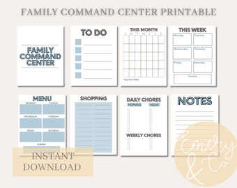 Family Command Center Printable - Weekly Menu - Shopping List - Calendar - Household Chores - Printable Planner