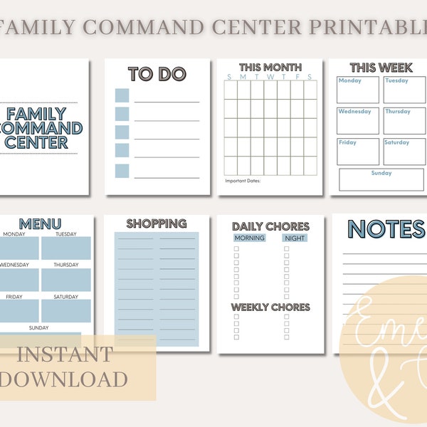 Family Command Center Printable - Weekly Menu - Shopping List - Calendar - Household Chores - Printable Planner