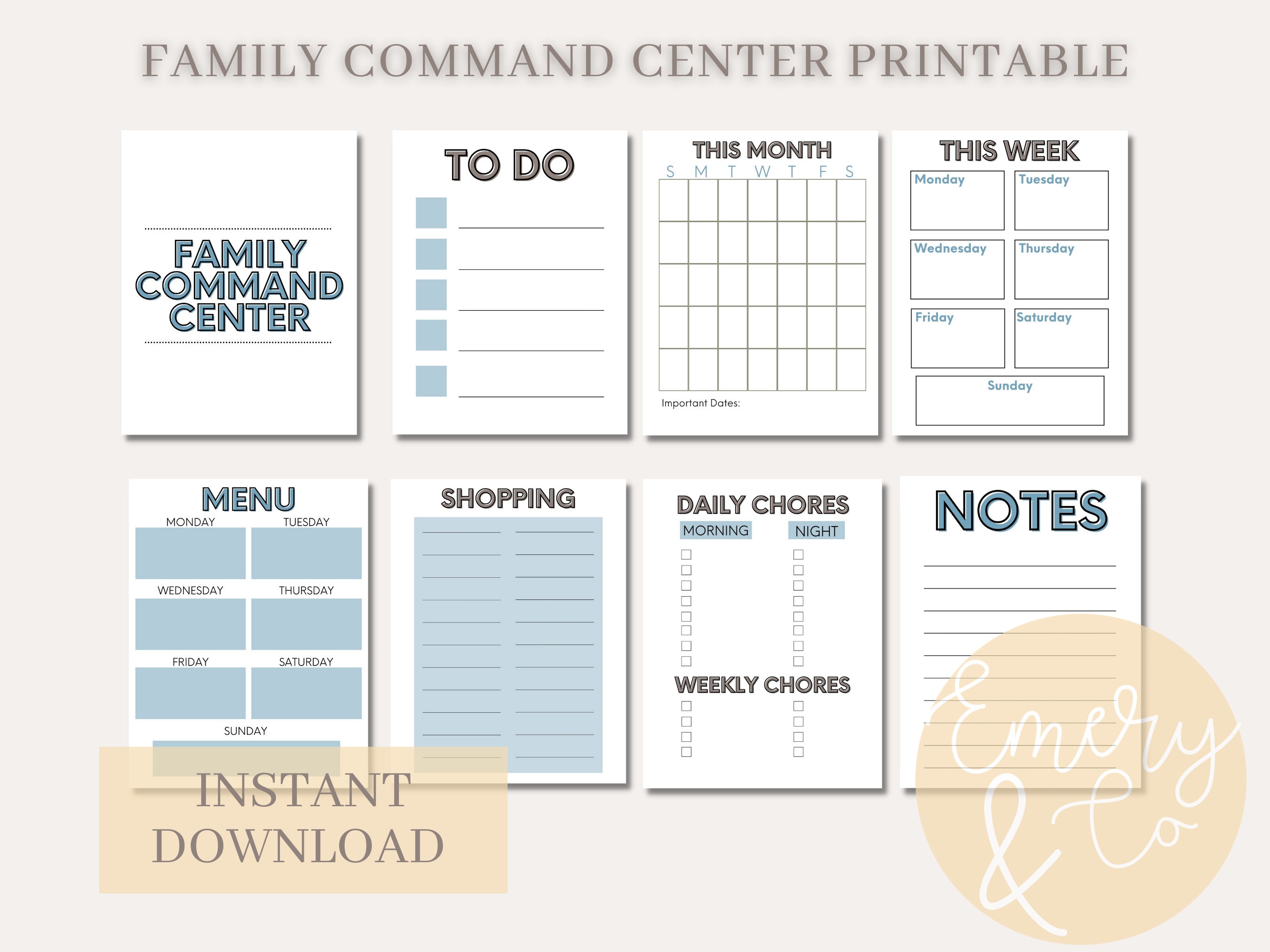 Family Command Center Printable - Weekly Menu - Shopping List - Calendar - Household Chores - Printable Planner