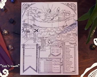 May include: A black and white character sheet for a tabletop role-playing game. The sheet features a hand with strings attached to various attributes, including strength, dexterity, constitution, intelligence, wisdom, and charisma. The sheet also includes sections for skills, saving throws, and spell slots.