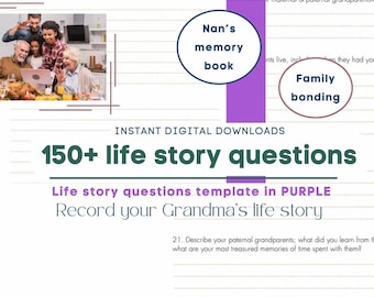May include: Purple and green digital download template for recording life stories. The template includes 150+ questions to help you record your grandma's life story. The image shows a family gathered around a table looking at a laptop.
