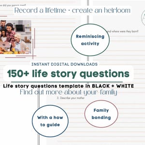 Feiere Erinnerungen mit 150+ Life Story Qs! Schwarz-weiß-Download für eine personalisierte Arbeitsmappe. Halte die Geschichte von Mama und Papa fest