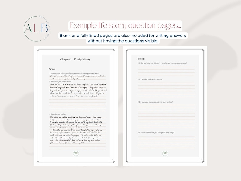 May include: A page from a life story journal with questions about family history, including parents and siblings. The page has a white background with black text and lines for writing answers.